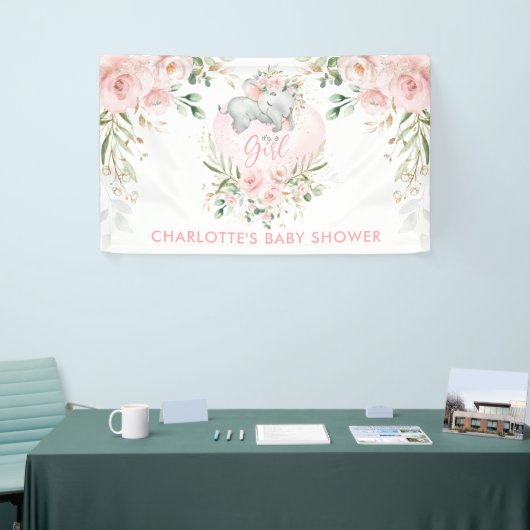 かわいいピンクの金ゴールド赤面フローラゾウ赤ちゃんシャワー 横断幕 (トレードショー)