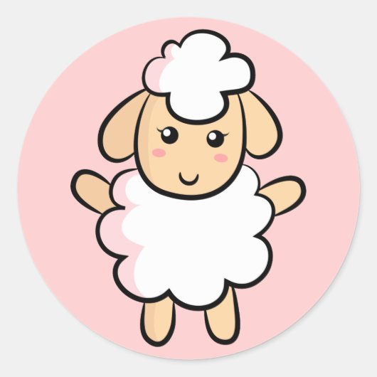 かわいいピンクの陰影のある白いキャラクター羊 ラウンドシール (正面)
