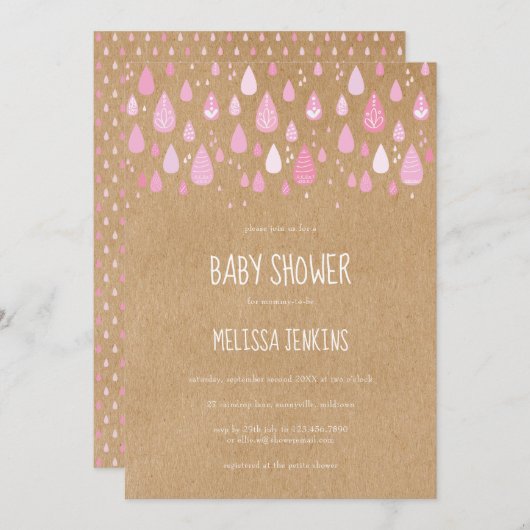 かわいいピンクの雨のしずく 招待状 (正面/裏面)