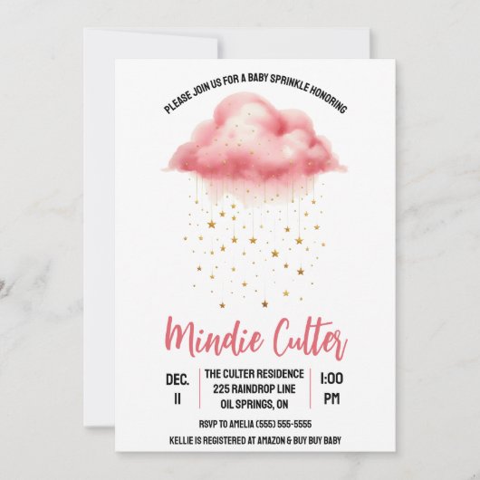 かわいいピンクの雨の雲と金ゴールド星ベビー散水 招待状 (正面)