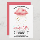 かわいいピンクの雨の雲と金ゴールド星ベビー散水 招待状 (正面/裏面)