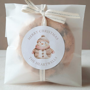 かわいいピンクの雪だるまのクリスマスギフト ラウンドシール