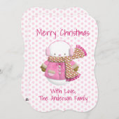 かわいいピンクの雪だるまのホリデーカード シーズンカード (正面/裏面)