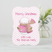 かわいいピンクの雪だるまのホリデーカード シーズンカード (スタンド正面)