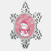 かわいいピンクの雪だるまの名前入り スノーフレークピューターオーナメント (右)