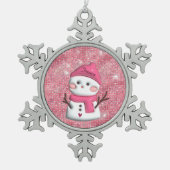 かわいいピンクの雪だるまの名前入り スノーフレークピューターオーナメント (正面)