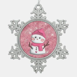 かわいいピンクの雪だるまの名前入り スノーフレークピューターオーナメント