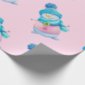 かわいいピンクの雪だるまキッズクリスマス ラッピングペーパー (角)