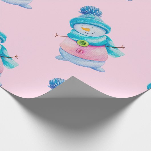 かわいいピンクの雪だるまキッズクリスマス ラッピングペーパー (角)