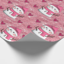 かわいいピンクの雪だるまハートの名前入り