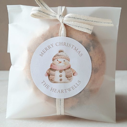 かわいいピンクの雪だるまパーソナライズされたメリークリスマス ラウンドシール