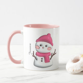 かわいいピンクの雪だるまパーソナライズされた名 マグカップ