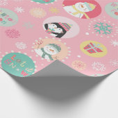 かわいいピンクの雪だるま&ペンギンキッズクリスマス ラッピングペーパー (角)