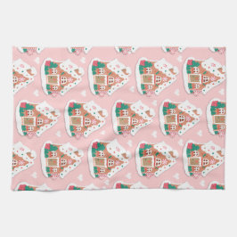 かわいいピンクの雪のジンジャーブレッドハウス キッチンタオル