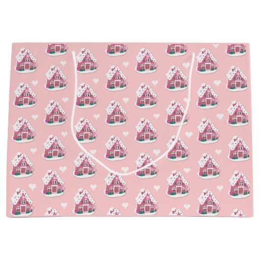 かわいいピンクの雪のジンジャーブレッドハウス ラージペーパーバッグ (正面)