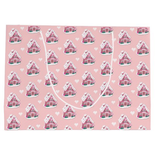 かわいいピンクの雪のジンジャーブレッドハウス ラージペーパーバッグ (裏面)