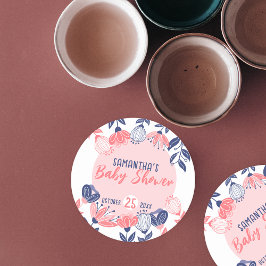 かわいいピンクの青い花植物性ベビーシャワー ラウンドペーパーコースター