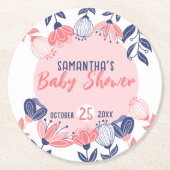 かわいいピンクの青い花植物性ベビーシャワー ラウンドペーパーコースター (正面)