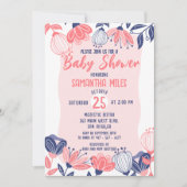 かわいいピンクの青い花植物性ベビーシャワー 招待状 (正面)