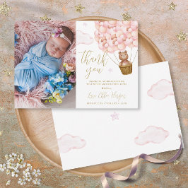 かわいいピンクの風船 クマ 新生児 写真 サンキューカード