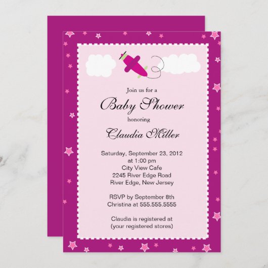 かわいいピンクの飛行機のボーイ·ベイビーシャワー 招待状 (正面/裏面)