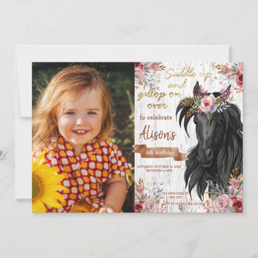 かわいいピンクの馬の誕生日パーティー 招待状 (正面)