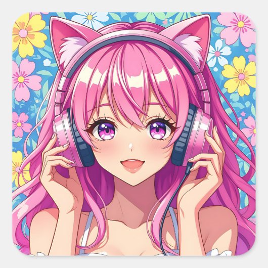 かわいいピンクの髪のアニメ女子高生 イヤホン スクエアシール (正面)