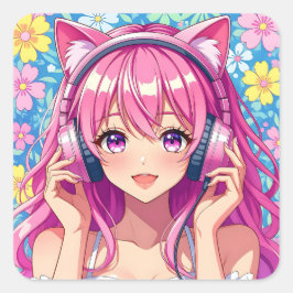 かわいいピンクの髪のアニメ女子高生 イヤホン スクエアシール