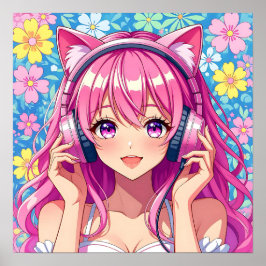 かわいいピンクの髪のアニメ女子+ヘッドホン ポスター