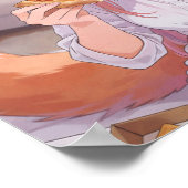 かわいいピンクの髪のキツネ娘がピザを食べている ポスター (角)