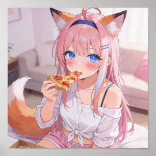 かわいいピンクの髪のキツネ娘がピザを食べている ポスター
