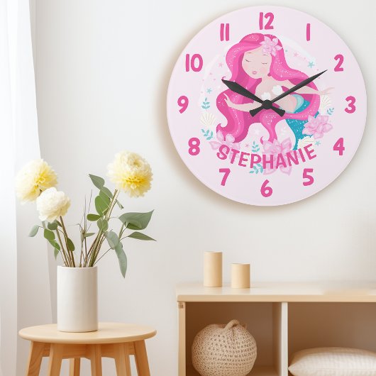 かわいいピンクの髪の人魚の女の子のファンタジー寝室の壁 ラージ壁時計