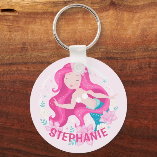 かわいいピンクの髪の人魚の女の子パーソナライズされたファンタジー キーホルダー (正面)