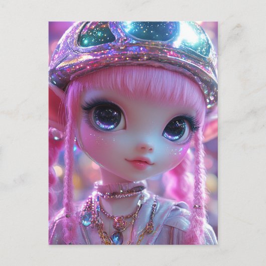 かわいいピンクの髪の大きな目ギャル ポストカード (正面)