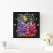 かわいいピンクの髪の魔女人形紫の城 スクエア壁時計 (ホーム)