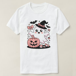 かわいいピンクの魔女のオバケとカボチャのリボン Tシャツ