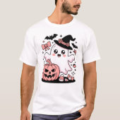 かわいいピンクの魔女のオバケとカボチャのリボン Tシャツ (正面)