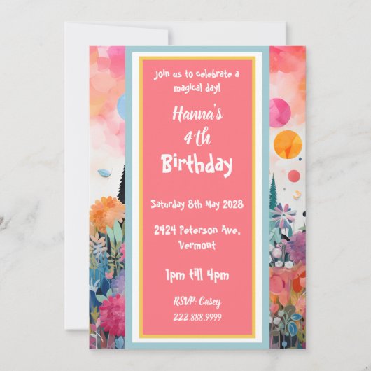 かわいいピンクの魔法のプリンセス城 招待状 (正面)