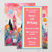 かわいいピンクの魔法のプリンセス城 招待状 (正面/裏面)