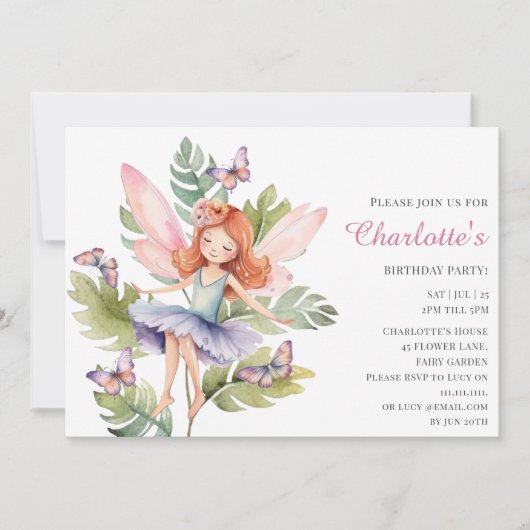 かわいいピンクの魔法の妖精の誕生日 招待状 (正面)