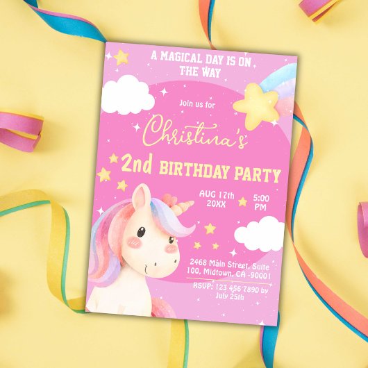かわいいピンクの魔法モダンのユニコーンの星2番目の誕生日 招待状