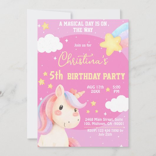 かわいいピンクの魔法モダンのユニコーンの星5歳の誕生日 招待状 (正面)