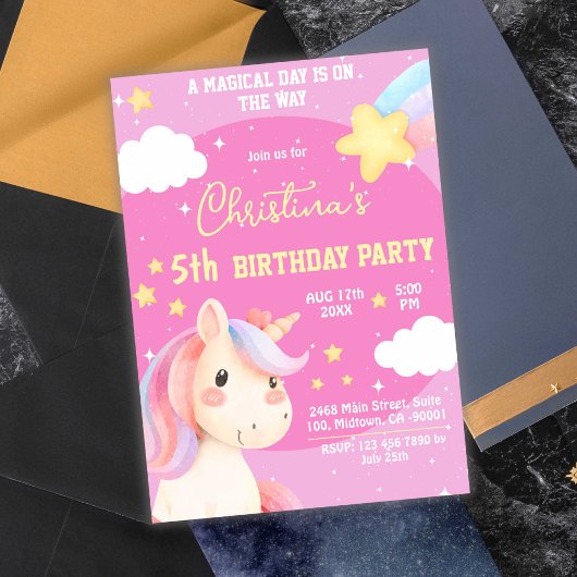 かわいいピンクの魔法モダンのユニコーンの星5歳の誕生日 招待状