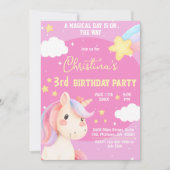 かわいいピンクの魔法モダンのユニコーン星3歳の誕生日 招待状 (正面)