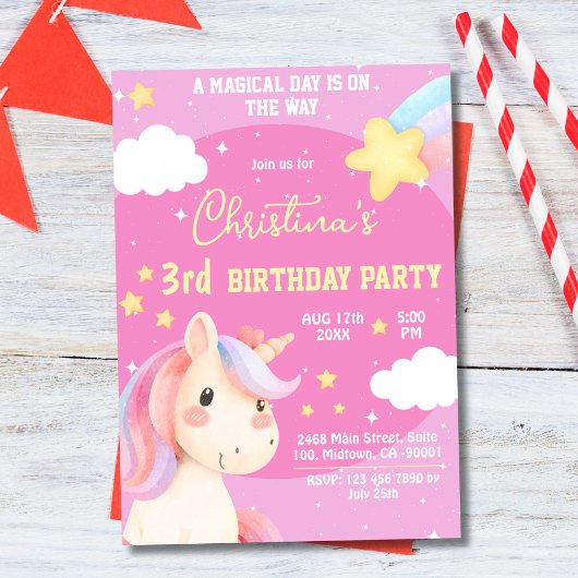 かわいいピンクの魔法モダンのユニコーン星3歳の誕生日 招待状