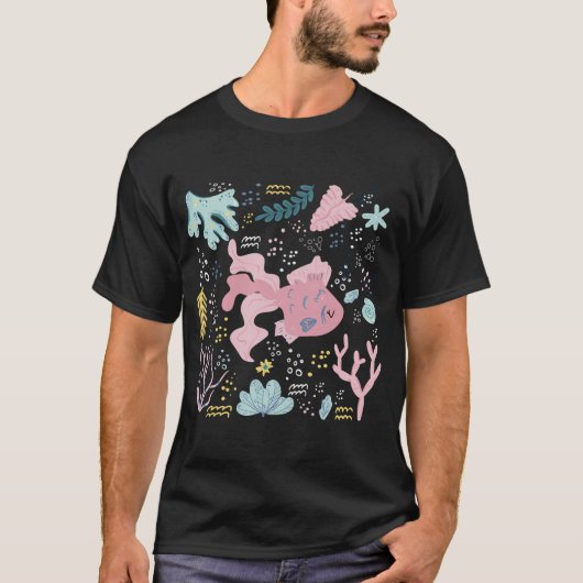 かわいいピンクの魚の水中落書き Tシャツ (正面)