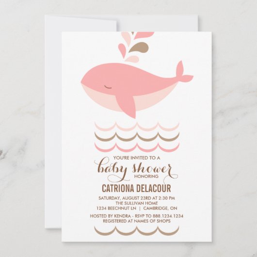 かわいいピンクの鯨女の子ベビーシャワー招待状 招待状 (正面)