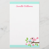 かわいいピンクの鳥と卵を枝付き名前をカスタムする 便箋 (正面)