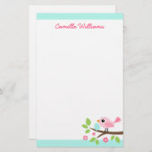 かわいいピンクの鳥と卵を枝付き名前をカスタムする 便箋 (正面/裏面)