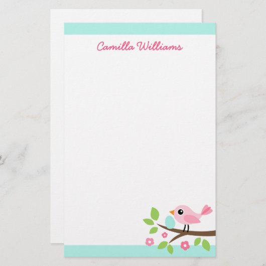 かわいいピンクの鳥と卵を枝付き名前をカスタムする 便箋 (正面/裏面)
